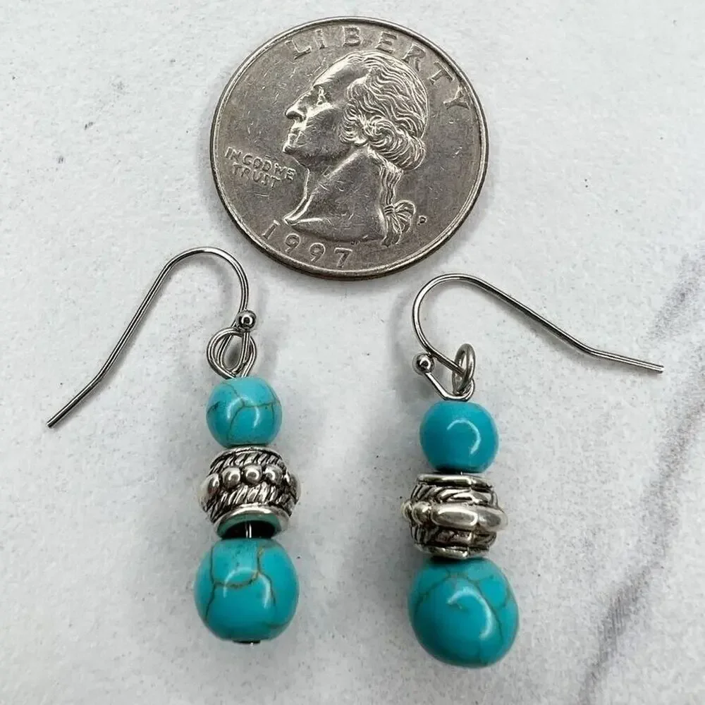 Silver Tone Faux Turquoise Beaded Dangle Earrings Pierced Pair